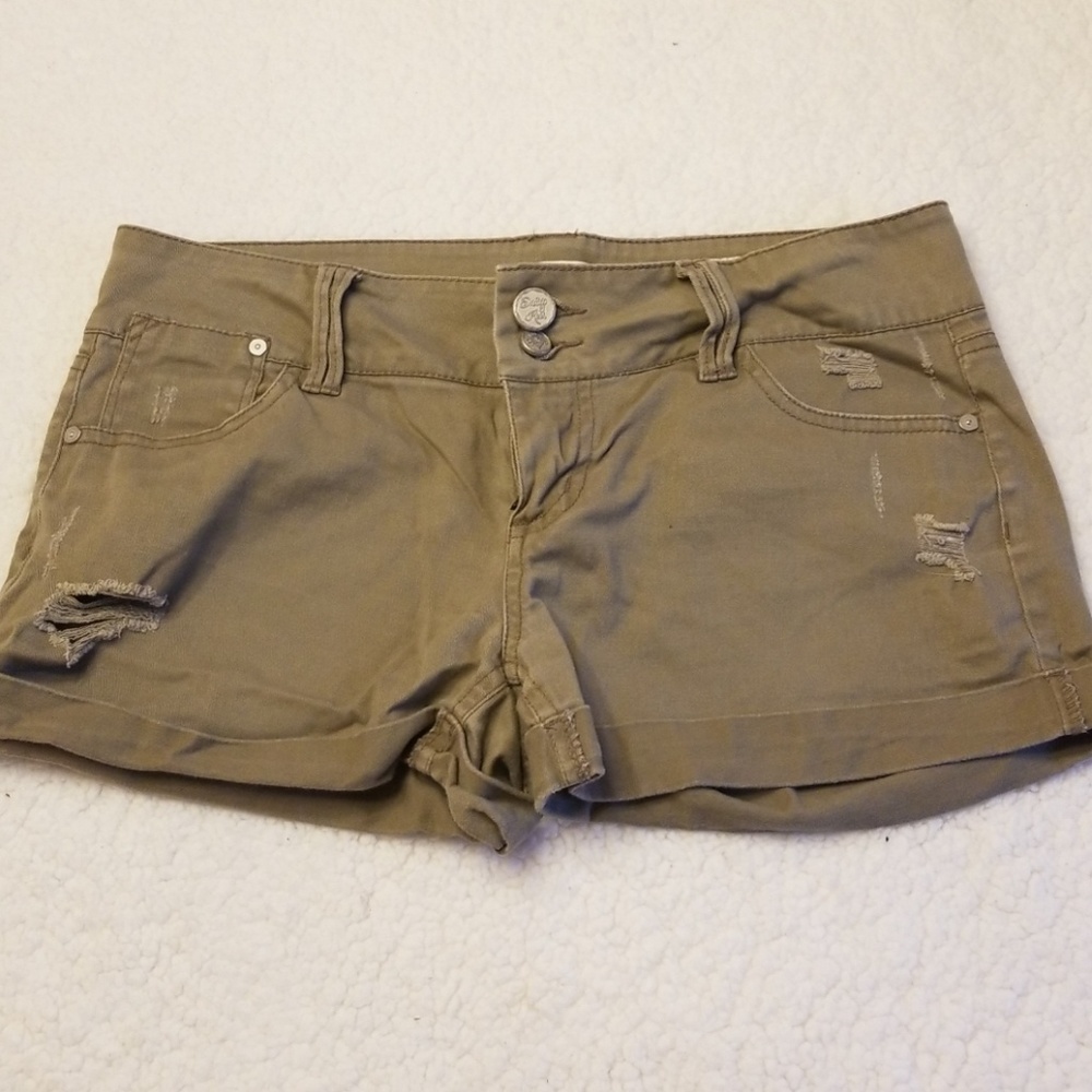 Distressed taupe denim shorts